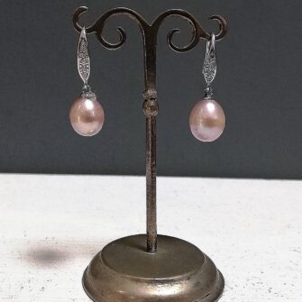 Pink Pearl Earrings, Cubic Zirconia Detail