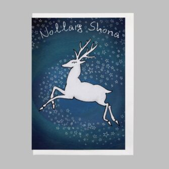 Reindeer leap - cártaí nollag, Nollaig Shona, christmas card in Irish